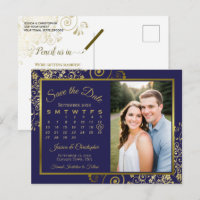 Navy & Gold Wedding Save the Date Calendar Photo