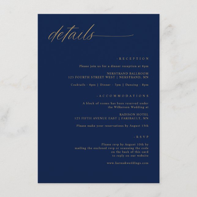 Navy Gold Wedding Soft Delicate Romantic Details Enclosure Card (Front)