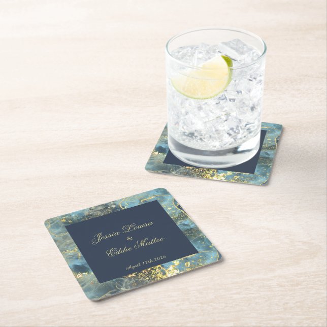 Navy & Gold Wedding Square Paper Coaster (Insitu)
