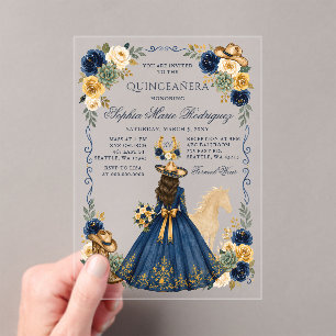 Navy Gold Western Horse Floral Charra Quinceañera Acrylic Invitations