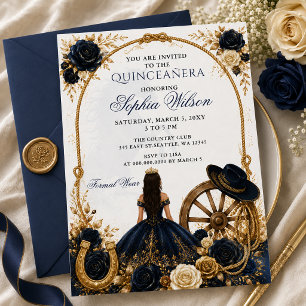 Navy Gold Western Horse Floral Charra Quinceañera Invitation