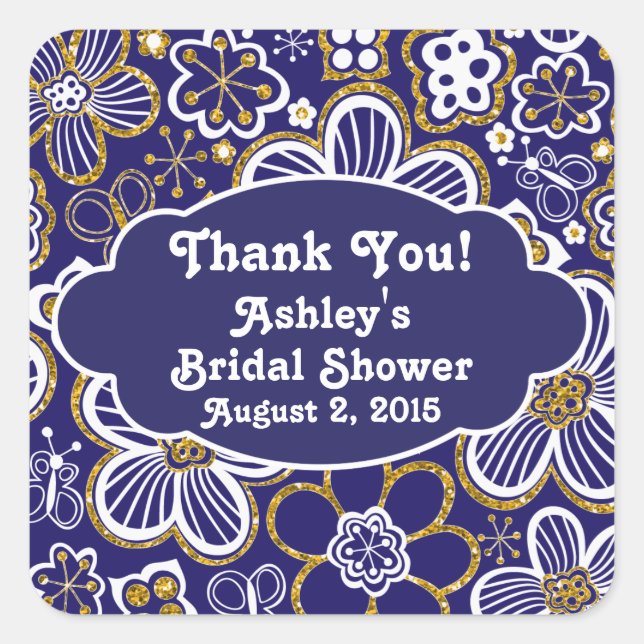 Navy Gold Whimsical Floral Thank You Bridal Shower Square Sticker (Front)