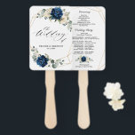 Navy Gold White Champagne Ivory Geometric Program Hand Fan<br><div class="desc">Dark navy blue floral wedding program fan featuring elegant bouquet of navy blue, royal blue , white , gold, champagne ivory, blush colour rose , hydrangea, ranunculus, peony, flower buds and sage green eucalyptus leaves and elegant watercolor with round glitter geometric neutral frame. Please contact me for any help in...</div>