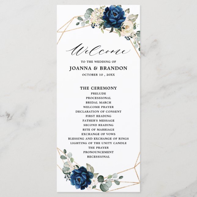 Navy Gold White Champagne Ivory Geometric Wedding Programme (Front)
