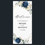 Navy Gold White Champagne Ivory Geometric Wedding Programme<br><div class="desc">Dark navy blue floral wedding program card featuring elegant bouquet of navy blue, royal blue , white , gold, champagne ivory, blush colour rose , hydrangea, ranunculus, peony, flower buds and sage green eucalyptus leaves and elegant watercolor with round glitter geometric neutral frame. Please contact me for any help in...</div>