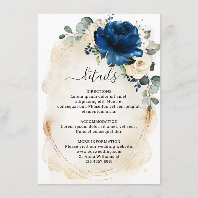 Navy Gold White Champagne Ivory Roses Details Enclosure Card (Front)