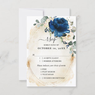 Navy Gold White Champagne Ivory Roses RSVP Card