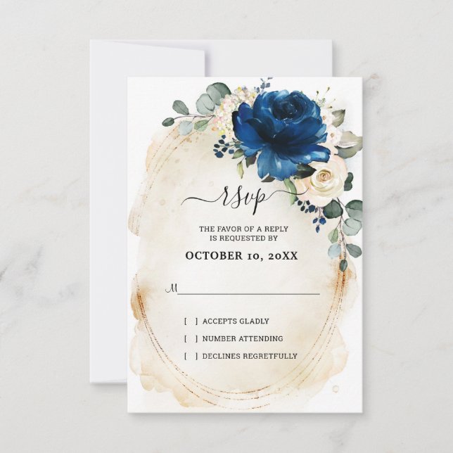Navy Gold White Champagne Ivory Roses RSVP Card (Front)