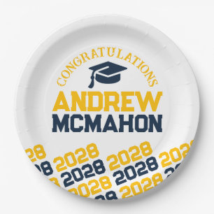 Navy & Gold White Half Repeat Grad Personalised Paper Plate