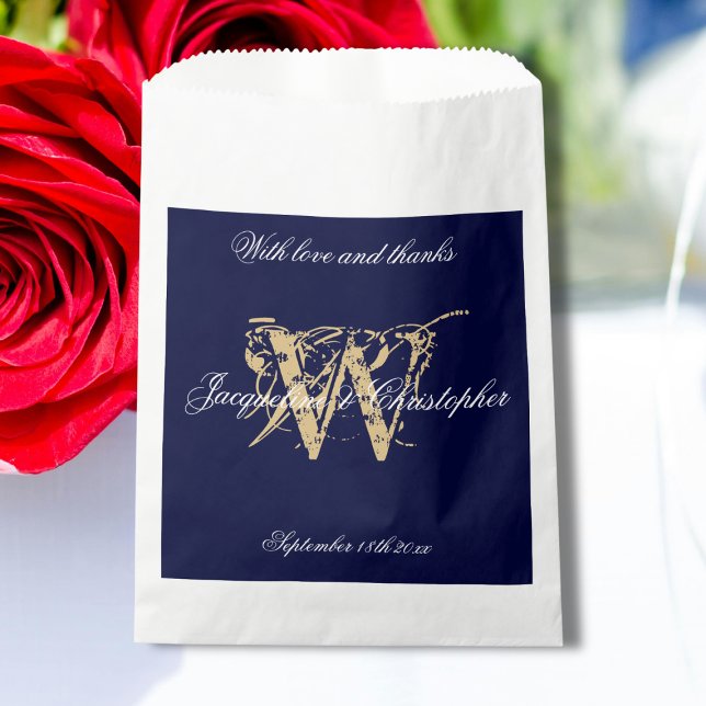 Navy Gold White Monogram +Names Thank You Wedding  Favour Bags (Navy, Gold and White, Monogram plus Bride and Groom Names "With Love and Thanks" Wedding Favor Bag.)