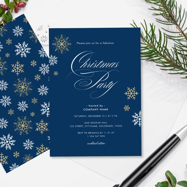 Navy Gold White Snowflake Office Christmas Party Invitation (Creator Uploaded)
