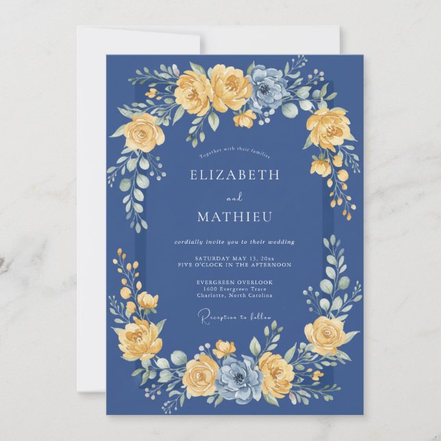 Navy Golden Floral Romance Wedding Invitation (Front)