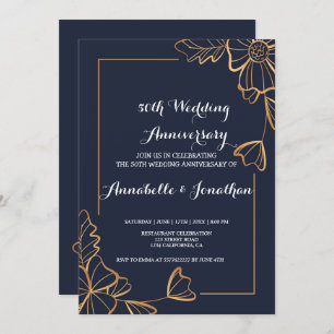 Navy & golden floral   Wedding Anniversary Invitation