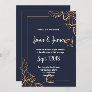Navy & golden floral  wedding invitation