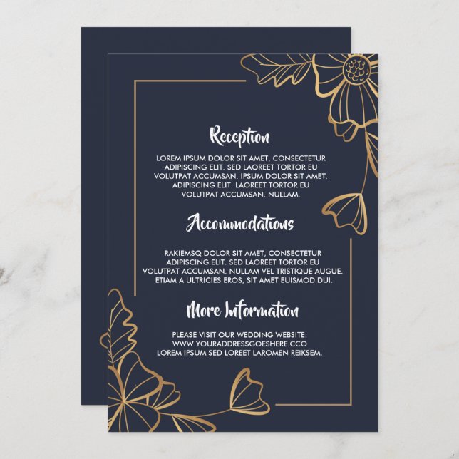 Navy & golden floral wedding programs invitation (Front/Back)