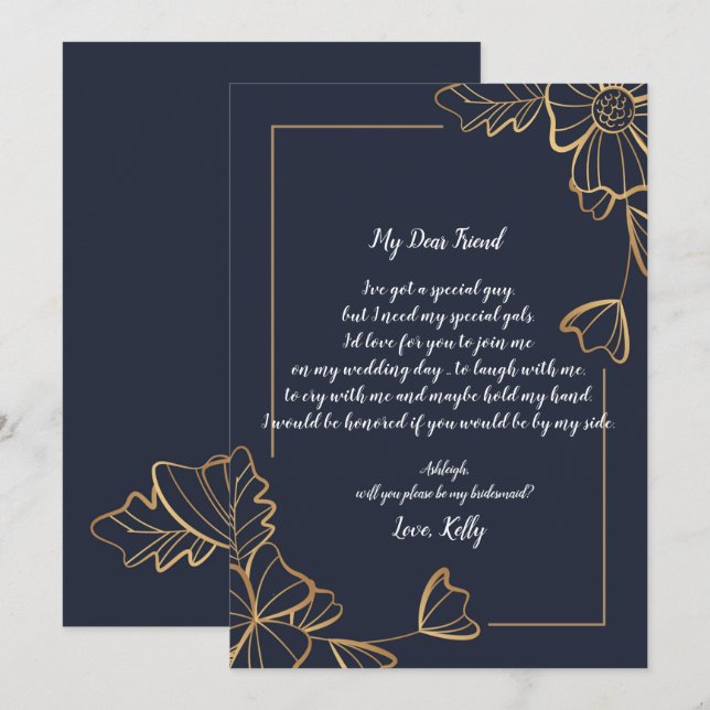 Navy & golden floral   will be my bridesmaid invitation (Front/Back)