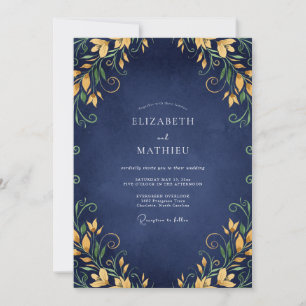 Navy Golden Lily Wedding Invitation
