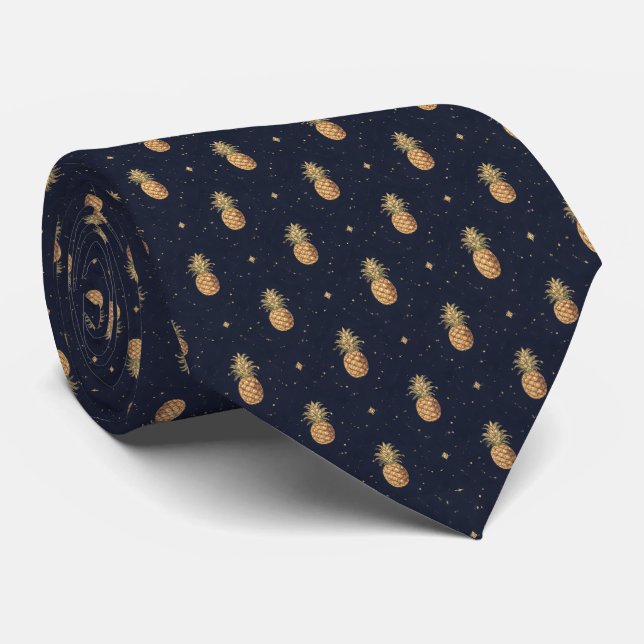 Navy Golden Pineapple Tropical Pattern Tie (Rolled)