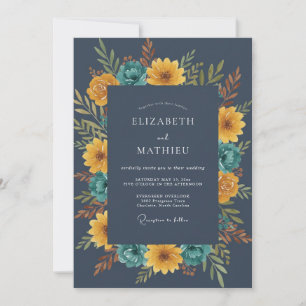 Navy Golden Watercolor Floral Wedding Invitation