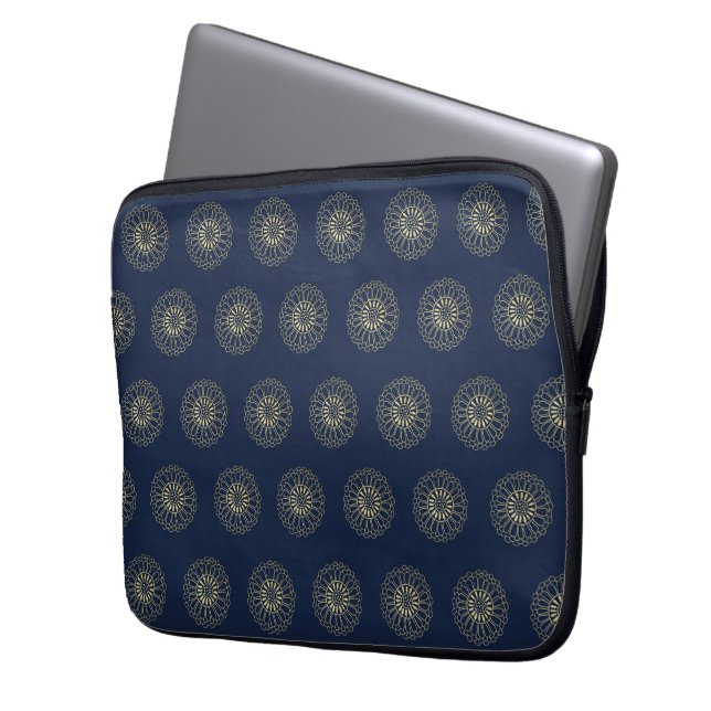 Navy | Golden Zinnia Flower Medallions Laptop Sleeve (Front Left)