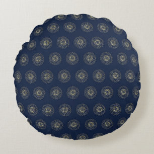 Navy   Golden Zinnia Flower Medallions Round Cushion