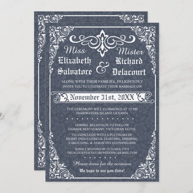 Navy Gothic Victorian Damask Wedding Invitation (Front/Back)