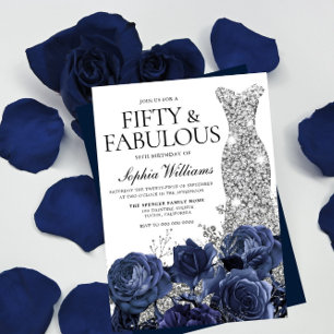 Navy Gown & Floral Fifty & Fabulous 50th Birthday Invitation
