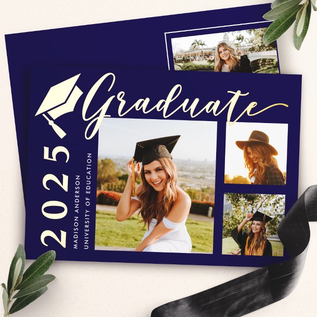 Navy Grad Cap Photo Foil Graduation Announcement (Creator Uploaded)