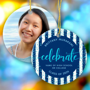Navy Grad Photo Turquoise Glitter Script Keepsake Ceramic Tree Decoration