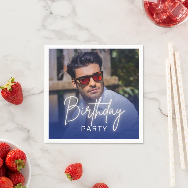 Navy Gradient Personalised Photo Birthday Napkin (Insitu)