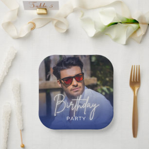 Navy Gradient Personalised Photo Birthday Paper Plate