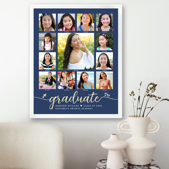 Navy Graduate K–12 Photo Collage Script Real Gold Foil Prints (Creator Uploaded)