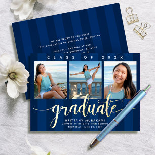 Navy graduation 3 photo modern script real gold