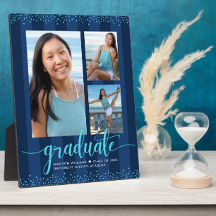 Navy Graduation 3 Photo Turquoise Glitter Script Plaque