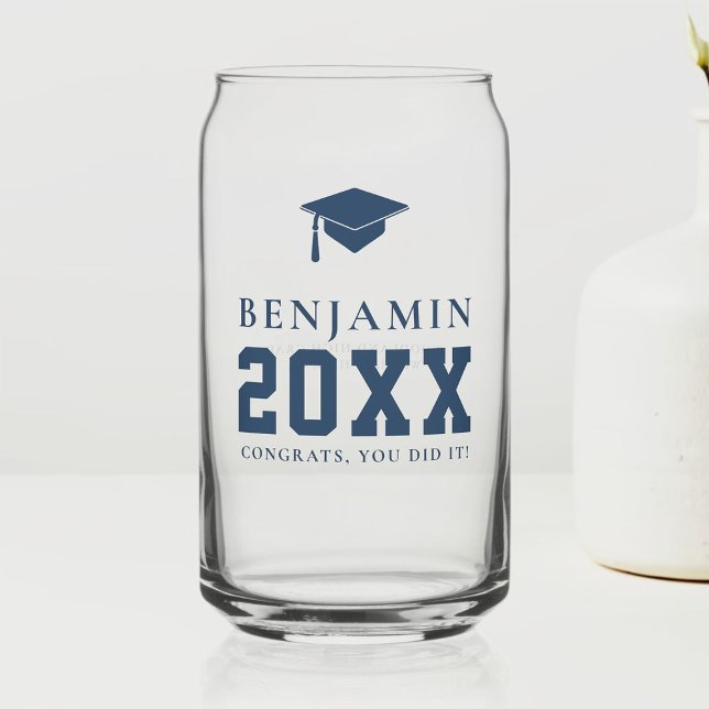 Navy Graduation Cap Personalised Simple Grad Gift Can Glass (graduation party personalized glass grad gift high school college boys men typography navy blue)