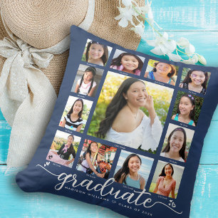 Navy Graduation K–12 Modern Script Photo Collage Cushion