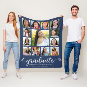 Navy Graduation K–12 Modern Script Photo Collage  Fleece Blanket