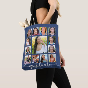 Navy Graduation K–12 Modern Script Photo Collage Tote Bag