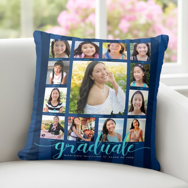 Navy Graduation K–12 Photo Collage Script Stripes Cushion (Creator Uploaded)
