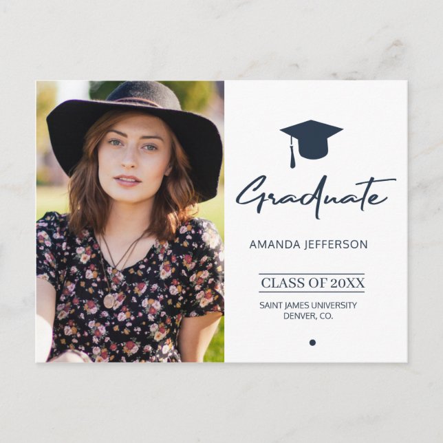 Navy Graduation | Modern script simple photo Postcard (Front)