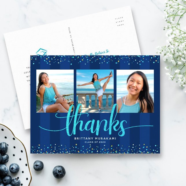 Navy graduation photo turquoise glitter thank you postcard (Creator Uploaded)