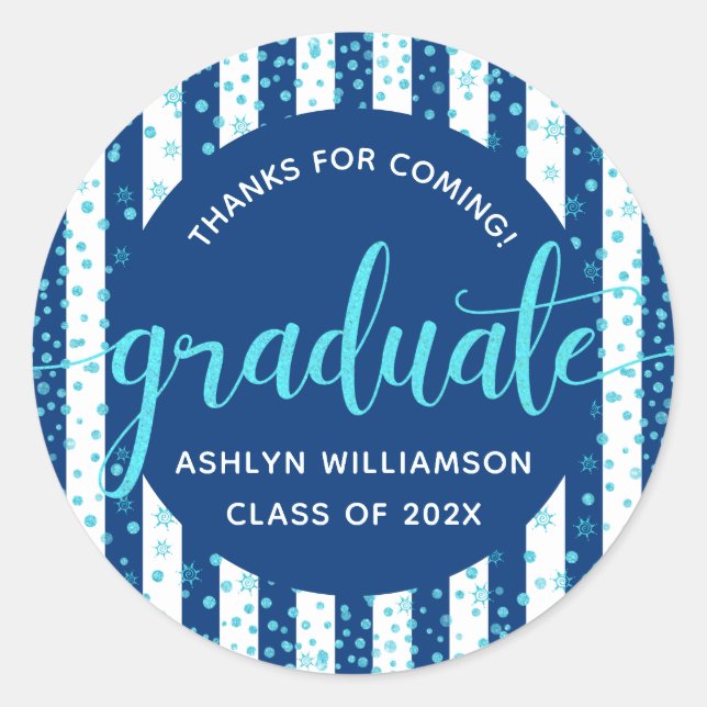 Navy Graduation Turquoise Glitter Confetti Script  Classic Round Sticker (Front)