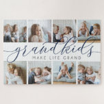Navy | Grandkids Make Life Grand Photo Collage Jigsaw Puzzle<br><div class="desc">Create a sweet gift for a beloved grandma or grandpa with this beautiful photo collage plaque. "Grandkids make life grand" appears in the centre in navy blue and grey calligraphy script lettering. Customise with eight photos of their grandchildren.</div>