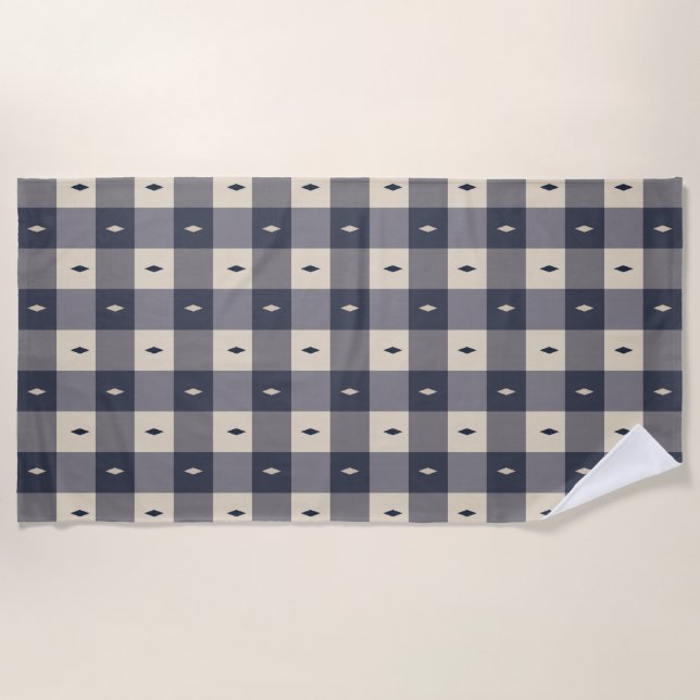 Navy Gray Checkerboard Diamond Pattern Beach Towel (Front)