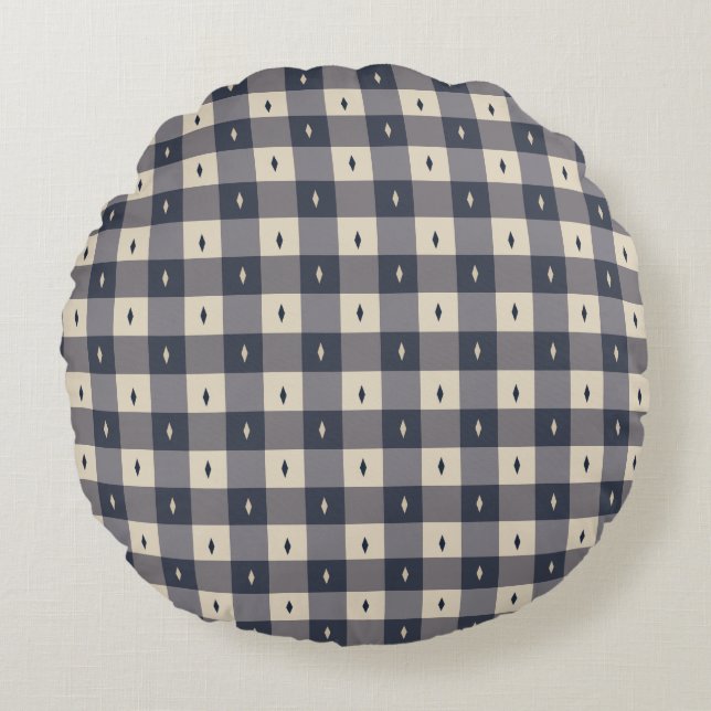 Navy Gray Checkerboard Diamond Pattern Round Cushion (Front)
