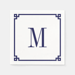 Navy Greek Key Border Monogram Napkin
