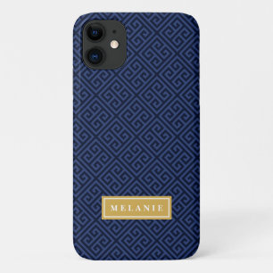 Navy Greek Key Pattern Gold Name Template Case-Mate iPhone Case