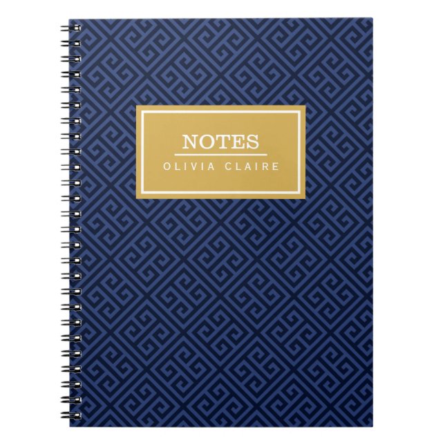 Navy Greek Key Pattern Gold Name Template Spiral Notebook (Front)