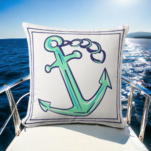 Navy Green Anchor Nautical Boat Coastal Cushion
