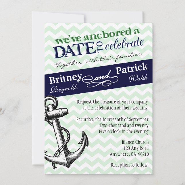 Navy & Green Anchor Nautical Wedding Invitations (Front)